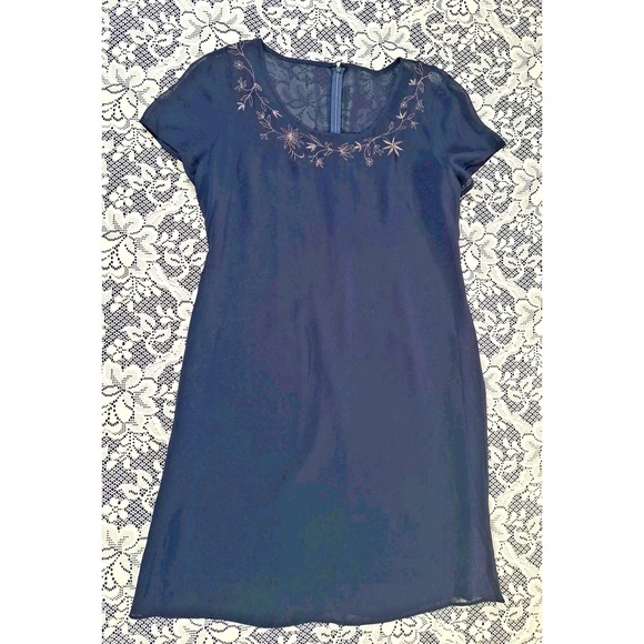 Liz Claiborne Dress Women's 14 Navy Blue Sheer Overlay Embroidered Neckline Zip - Picture 7 of 13